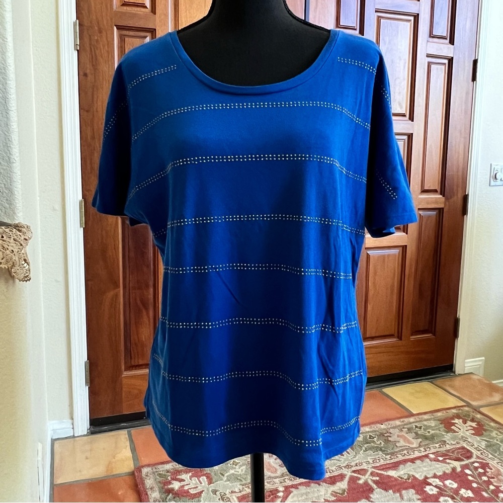Bellefleur Women Blue Rhinestone Striped Short Sleeve Top Blouse M